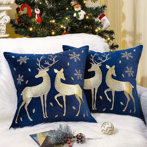 Lot De 2 Taie D'oreiller Décorative De Noël,2pcs 50x50cm Housses De Coussin De Noël En Velours Avec Broderie Dorée De Flocon De Neige Et Renne Pour Canapé Lit Voiture Maison,Bleu Marine