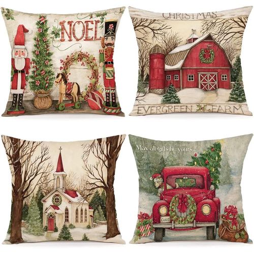 Housse Coussin Noel 40x40 Lot De 4 Housse De Coussin Deco Noel Coton Et Lin Décoratif Taie D'oreiller 40 X 40 Cm Pour Chambre,Nanapé,Chaise,Lit Decoration Noel