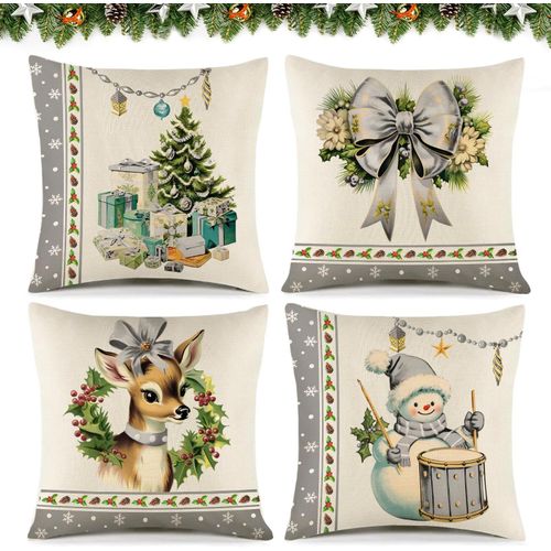 Coussin Noel 40x40,Housse Coussin Noel Set De 4,Gris Housses De Coussin En Lin,Décoration De Noël Coussin Pour Canapé Salon Chambre À Coucher