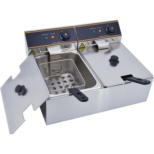 Friteuse électrique Inox Double Réservoir Amovible Professionnelle commerciale Thermostat 60-200 °C,6L+6L Huile,2 paniers,6000W