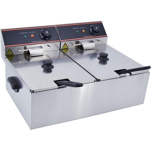 Friteuse électrique 12L Friteuse Commerciale Friteuse Professionnelle 2 réservoir Inox Avec 2 Poignées Plastique 6000W 220V-240V Thermostat 60-200 °C