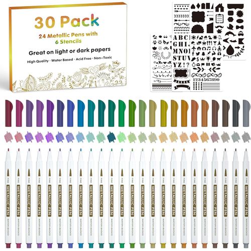 Paquet De 30 Stylos Marqueurs Métalliques, 24 Couleurs Stylos À Pointe Fine Avec 6 Pochoirs Pour Bricolage Album Photo Artisanat Rock Art Peinture Carte Fabrication Verre Bois