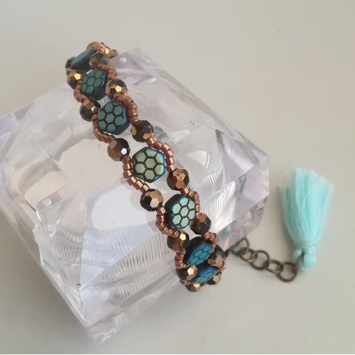 Bracelet - Perles De Verre - Bleu Noir Et Doré Cuivré - Ajustable - Artisanal