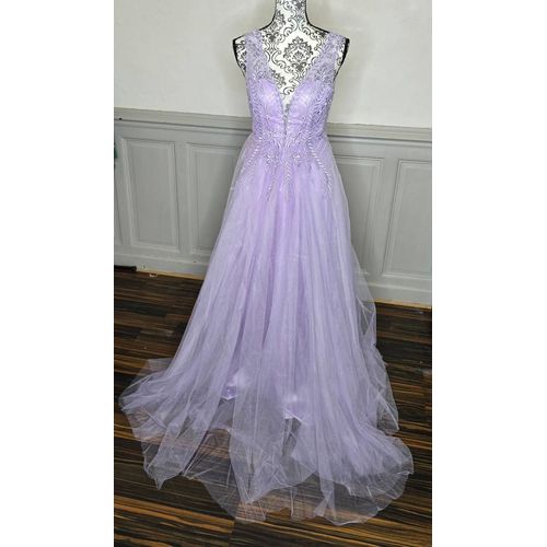 Robe Soirée Longue Lilas En Tulle Brodé Décolleté Plongeant Et Dos Croisé Taille 38