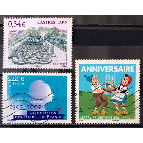 Association Des Maires De France 0,54 Euros (N° 4077) + Castres - Tarn 0,54 Euros (N° 4079) + Anniversaire - Sylvain & Sylvette (N° 4081) Obl - France Année 2007 - Brn83 - N33711