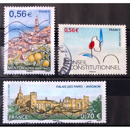 Menton 0,56 Euros (N° 4337) + Conseil Constitutionnel 0,56 Euros (N° 4347) + Palais Des Papes À Avignon 0,70 Euros (N° 4348) Obl - France Année 2009 - Brn83 - N33729