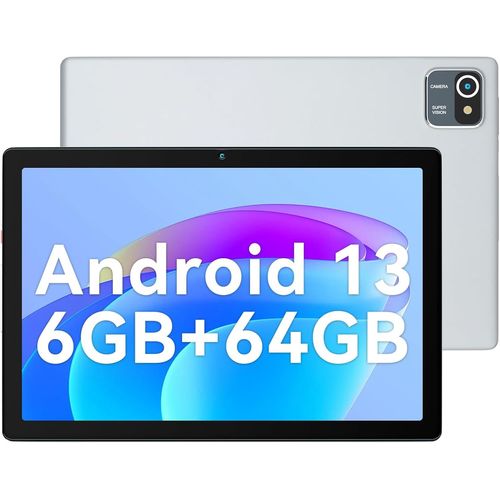 Tablette Android 13 de 10 Pouces,6 go de RAM,64 go de ROM,Quad-Core,5000mAh,écran Tactile HD 1280x800,Tablette PC de 5mp + 8mp (Argenté)