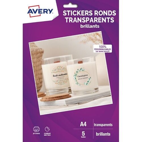 Avery - Adhésif permanent - transparent - diamètre 40 mm 120 étiquette(s) (5 feuille(s) x 24 pack suspendu - autocollants