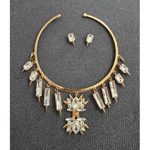 Parure Mariage Soirée Doré Et Pierre Transparente Collier Et Boucles D'Oreilles Bijou Mariée