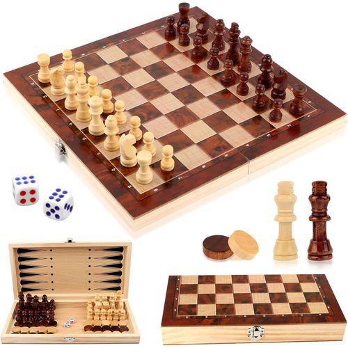 3 En 1 Jeu D'échecs,Bois Jeu D'échec Portable Pliable Echiquier Bois,Chess Board Jeu Echec En Bois Pour Enfants Adulte Voyages (29x29cm).[Y557]
