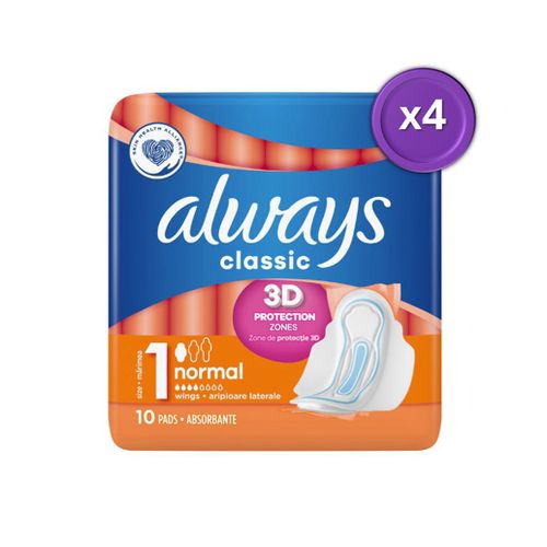Lot De 4 Paquets De 10 Serviettes Hygiénique Always Classic Normal Taille 1 - 3d Protection = 40 Serviettes 