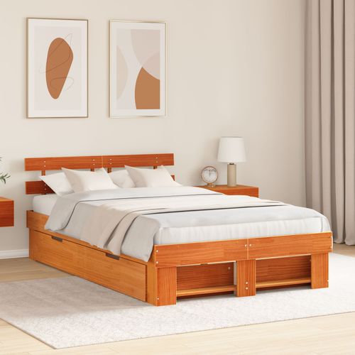Vidaxl Cadre De Lit Avec Tiroirs Marron Ciré 140x190 Cm Bois De Pin Massif