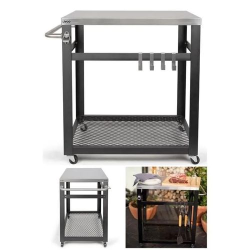 Desserte Finition Acier Inoxydable 73 X 50 Cm Pour Plancha Plateau Bois Range Bouteille 4 Roulettes Avec Freins