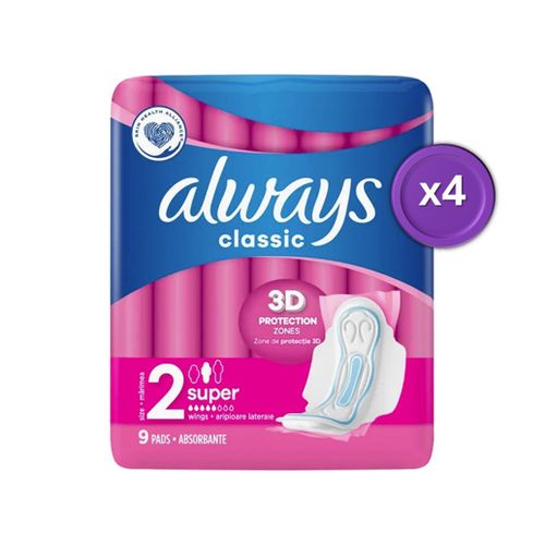 Lot De 4 Paquets De 9 Serviettes Hygiénique Always Classic Super Taille 2 - 3d Protection = 36 Serviettes 
