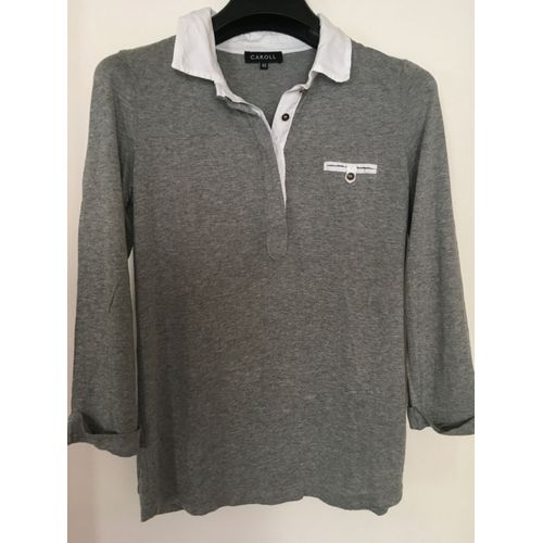 Polo Léger Caroll Taille 40 Gris Chiné Col Blanc