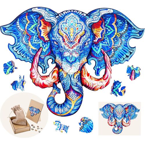 Puzzle en Bois Animaux : Tête d'Éléphant A4-83 pièces Uniques-Puzzle pour Adultes-Boîte Cadeau en Bois-À partir de 12 Ans-21 x 29.7 cm.[Y273]