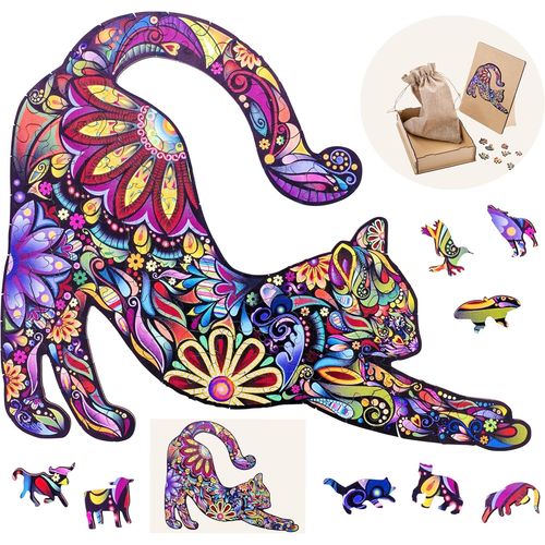 Puzzle en Bois Animaux : Chat A4-59 pièces Uniques-Puzzle pour Adultes-Boîte Cadeau en Bois-À partir de 12 Ans-21 x 29.7 cm.[Y286]