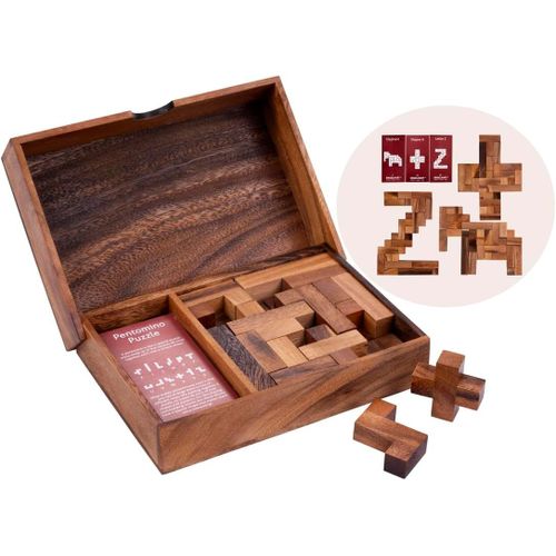 Pentomino Double en Bois-Casse tête Ecologique-2 Joueurs-Inclus; Pièces Puzzle en Bois 3D,Cartes Défis,Coffret de Rangement en Bois-7 Ans et +.[Y1101]