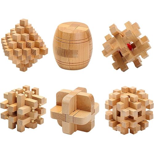 6 Pièces Casse-Tête en Bois Puzzle 3D Jeu de Logique Educatif Jeu de Patience Jigsaw Lock Cube,Intelligence Géométrie Logique Défi Jouet IQ Jeu de Réflexion pour Enfants et Adultes.[Y935]