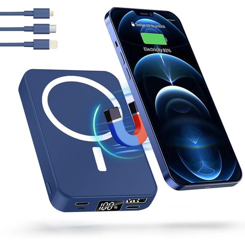 Batterie Externe 10000mah Magnetic Power Bank,Sans Fil Power Bank Charge Rapide Pd 20w,Usb C Chargeur Portable,Avec 3 Câble Intégré,Pour Iphone 15/14/13/12/Pro Max Et Huawei Etc (Bleu)