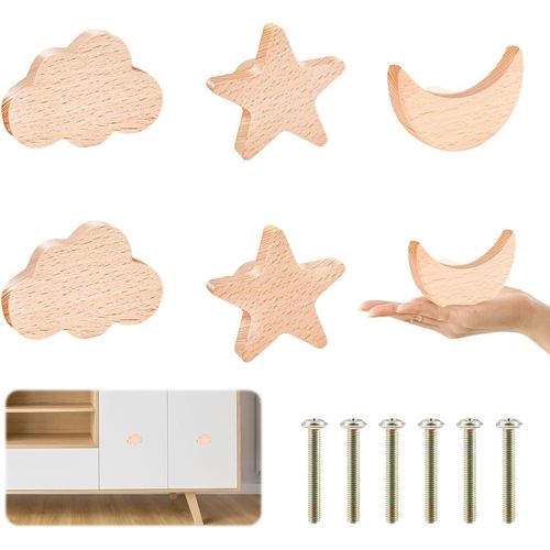 6 Pièces Boutons D'armoire En Bois Pour Chambre D'enfant Grand Bois Massif Poignee De Meuble Poignées De Forme De Nuage,De Lune Et D'étoile Pour Chambres D'enfants Armoires Décoration