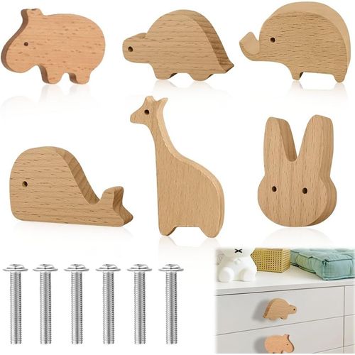 Lot de 6 boutons d'armoire en bois en forme d'animal,Bouton de Meuble Enfant,Boutons de Tiroir en Bois Massif,Poignée de Tiroir Avec Vis,Poignée d'armoire de couleur bûche