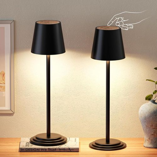 Lot De 2 Lampes De Table Sans Fil Tactiles À Intensité Variable-Lampe De Chevet Avec Batterie-Étanche-Lampe De Table Led Avec Grain De Bois-Pour Bureau,Restaurant,Chambre À Coucher