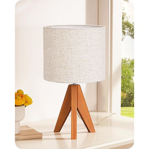 Lampe De Chevet Bois À Trépied Avec Abat-Jour En Lin,E27 Ampoule Led Incluse,2700k Blanc Chaud,Lampe De Table Moderne Design Pour Chambre,Salon,Bureau,Hôtel,Base Orange