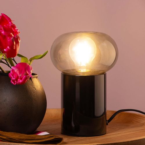 Lampe De Chevet Moderne-25 Cm De Hauteur & 15 Cm De Diamètre-Lampe De Table Avec Couvercle En Verre Fumé & Interrupteur-Pour Chambre À Coucher-En Verre/Métal Noir Mat/Fumée
