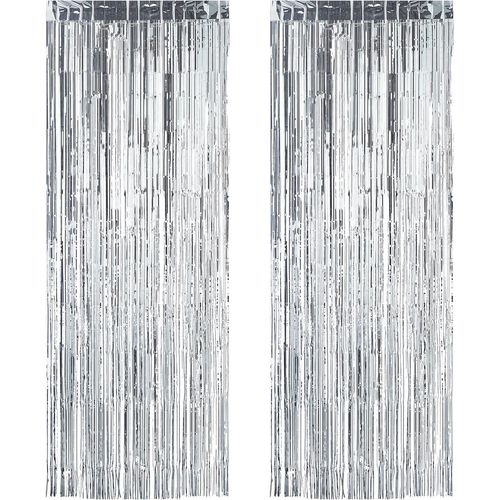 Set of 2 Party Curtains for Birthday and Wedding Decoration String Glitter Fringes 100 x 250 cm Silver Plastic Pack of 2