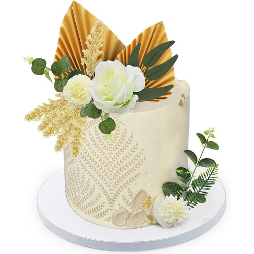 16 x Bohemian Cake Toppers,Golden Flowers,Cake Decoration,White Rose,Eucalyptus Carnation,Willow Leaves,for Birthday,Wedding,Bride,Baby Shower