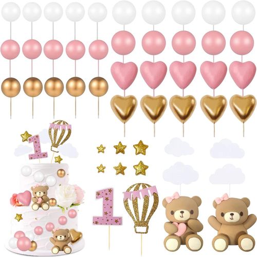 49pcs Pink Cake Topper Set,Girl 1st Birthday Cake Topper,Teddy Bear Cake Decoration for Wedding,Baby Shower and Birthday Party