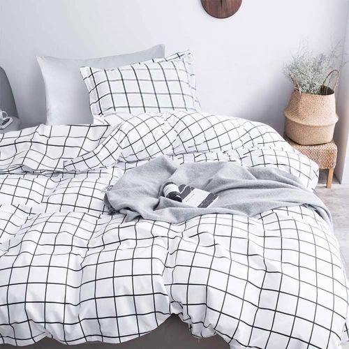 Ershi-Housse De Couette À Carreaux Noir Et Blanc 140x200 + Taie D'oreiller 65x65 Cm - Parure De Lit Adulte 1 Personne En Microfibr[1