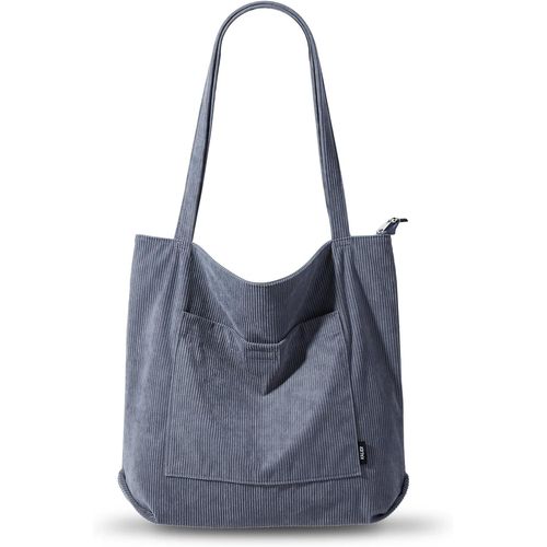 ERSHI-KALIDI Sac fourre-tout imperméable pour femme - Sac cabas en velours côtelé avec fermeture zippée, poches, compartiments - S[6