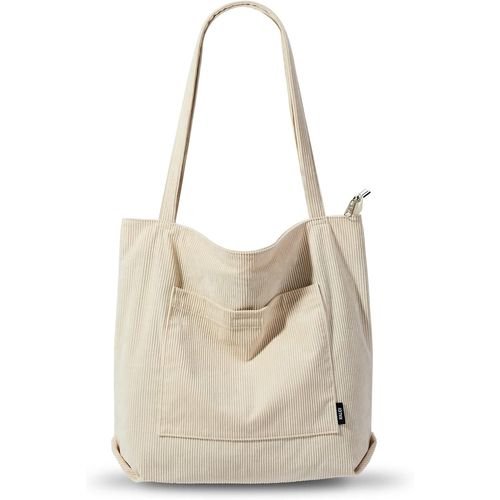 ERSHI-KALIDI Sac fourre-tout imperméable pour femme - Sac cabas en velours côtelé avec fermeture zippée, poches, compartiments - S[6