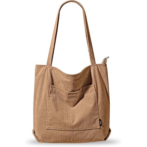 ERSHI-KALIDI Sac fourre-tout imperméable pour femme - Sac cabas en velours côtelé avec fermeture zippée, poches, compartiments - S[6