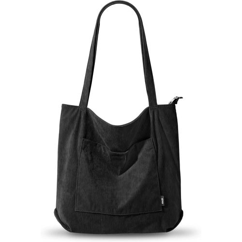 ERSHI-KALIDI Sac fourre-tout imperméable pour femme - Sac cabas en velours côtelé avec fermeture zippée, poches, compartiments - S[6