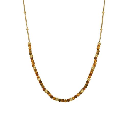 Collier Argent Doré Perles Dorée Et Pierres ?il De Tigre