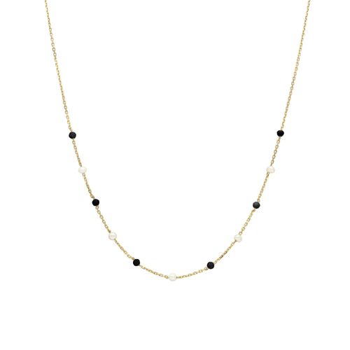 Collier En Argent Doré Pierres Naturelles Spinelles Noire Et Perles Naturelles Blanche