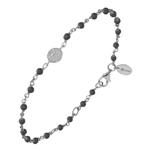 Bracelet Argent Rhodié Médaillon Serti Blanc Et Pierre Spinelle Noire