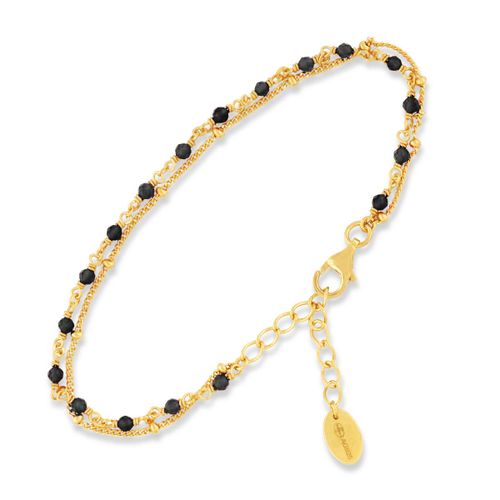 Bracelet En Argent Doré Double Chaine Pierres Naturelles Noires