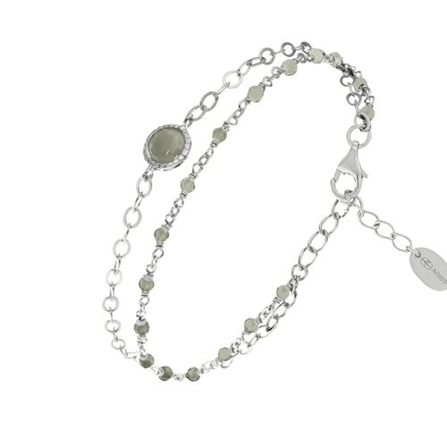 Bracelet En Argent Rhodié Double Chaine Pierres Naturelles Labradorite Médaillon Labradorite