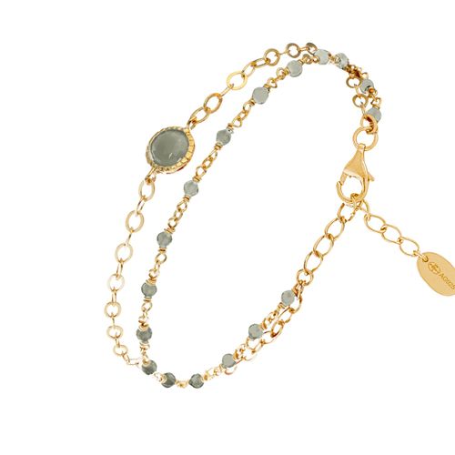 Bracelet En Argent Doré Double Chaine Pierres Naturelles Labradorite Médaillon Labradorite