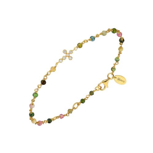 Bracelet Argent Doré Croix Zirconium Blanc Et Pierres Multi-Tourmaline