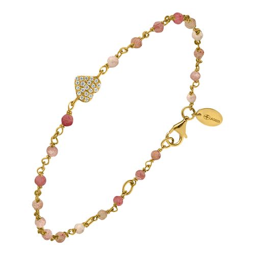 Bracelet Argent Doré C?ur Serti Blanc Pierres Quartz Rose Fraise