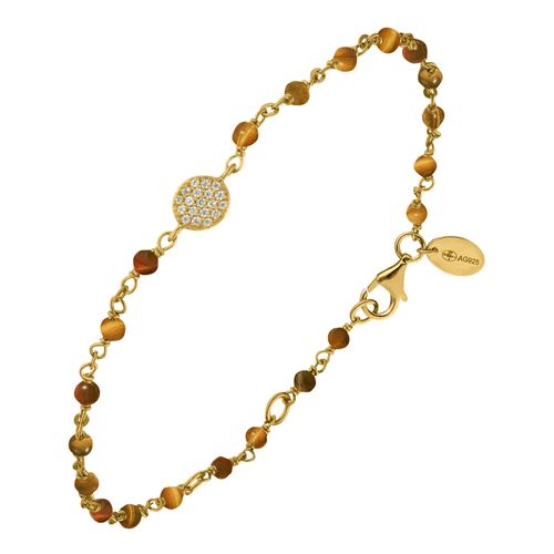 Bracelet Argent Doré Médaillon Serti Blanc Et Pierres ?il De Tigre
