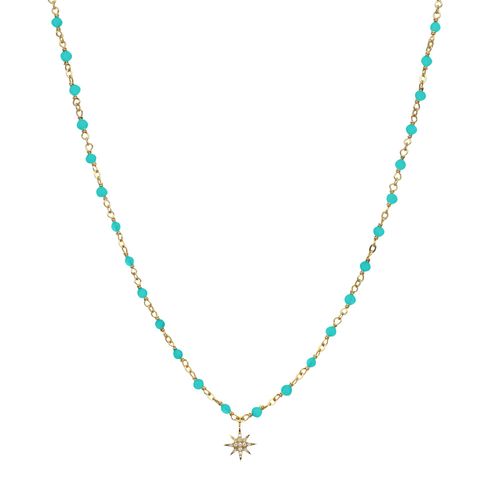 Collier Argent Doré Étoile En Zirconium Blanc Et Perles Naturelles Turquoise