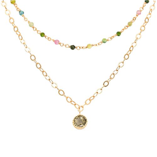 Collier Argent Doré Double Chaine Pampille Et Pierres Tourmaline