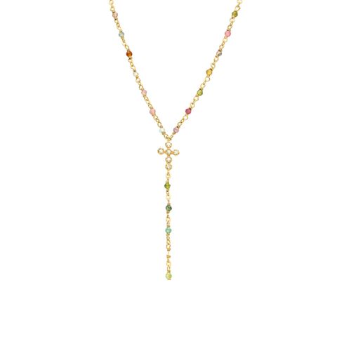 Collier Argent Doré Cravate Croix Et Pierres Tourmaline
