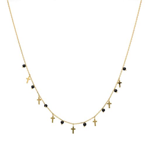 Collier Argent Doré Croix Et Pierres Naturelles Spinelle Noires